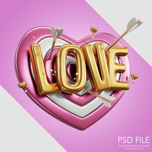 PSD icono de dardos de amor inscripción dorada amor dardos rosas con flechas día de san valentín darst en forma de corazón representación 3d ilustración 3d