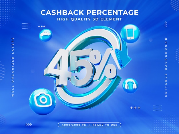 El icono de devolución de dinero del 45 por ciento Ilustración de renderización 3D aislada