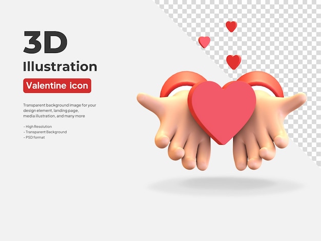 Icono del día de San Valentín mano sosteniendo el símbolo del corazón ilustración de render 3d