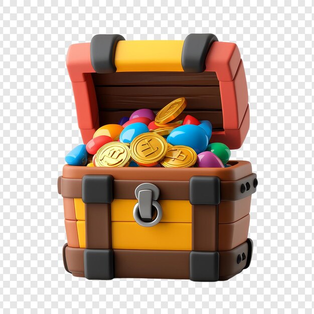 Icono de dibujos animados 3D de cofre del tesoro con monedas de oro y gemas aisladas en un fondo transparente