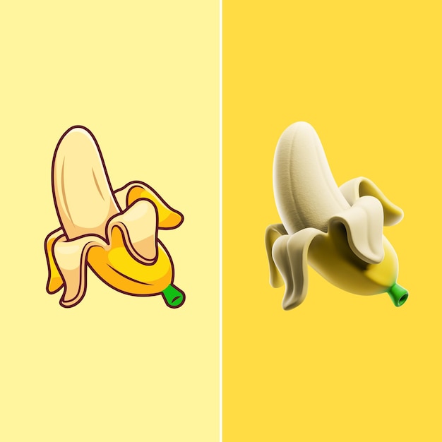 PSD icono de dibujos animados de frutas de plátano 2d y 3d ilustración icono de objeto de alimentos 3d vector plano aislado