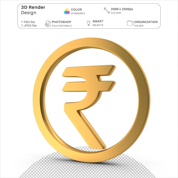 Icono de dinero de rupia de oro redondo modelado en 3D archivo PSD dinero de rupia de oro indio realista