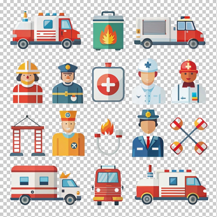 PSD icono de diseño plano de los servicios de emergencia establecido sobre un fondo transparente