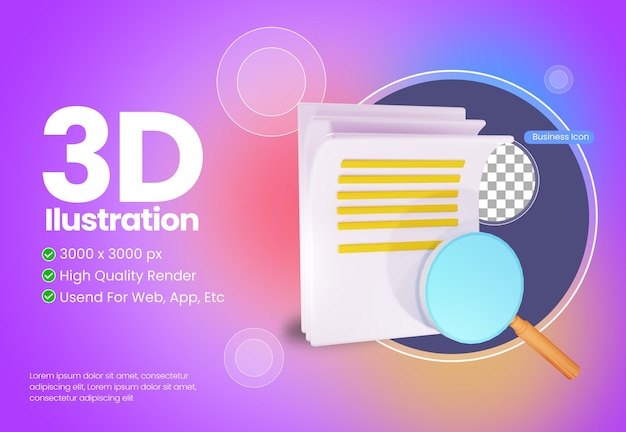 PSD icono de documento y lupa tema de negocios ilustración 3d