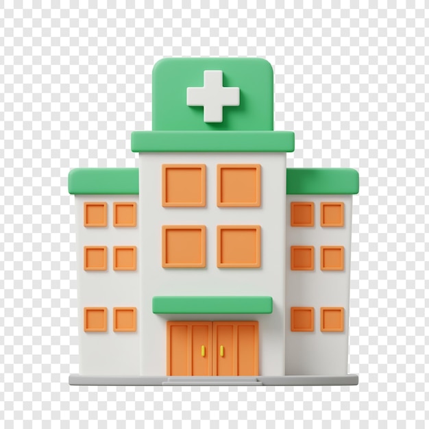 Icono del edificio del hospital de dibujos animados en 3D en un fondo transparente
