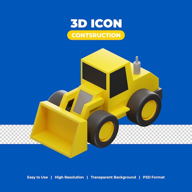 PSD icono de elementos de máquina de vehículo de construcción de cargador frontal con ilustración de renderizado 3d