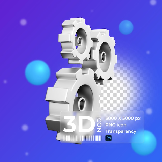 Ícono de engranaje de representación 3D Ícono de configuración 3d único ícono de engranaje de conjunto de modelo 3d simple sobre fondo blanco