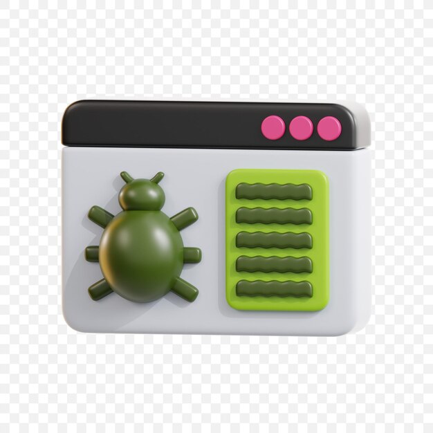 Icono de error 3D en la ventana de la computadora para malware de virus y visuales de depuración de software
