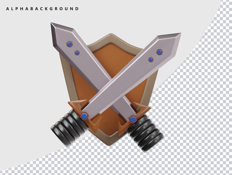 PSD el icono del escudo de la espada es una ilustración 3d.