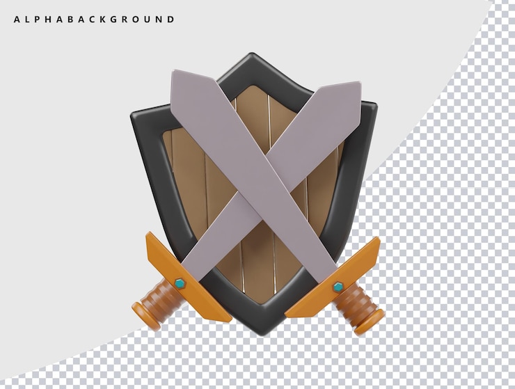 PSD el icono del escudo de la espada es una ilustración 3d.
