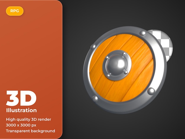 Un icono de escudo de hierro y madera de metal redondo en 3D