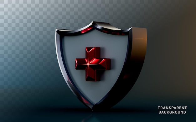 icono de escudo médico sobre fondo oscuro 3d render concepto para atención médica y protección contra virus