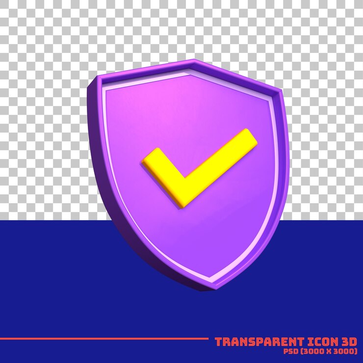 PSD icono de escudo púrpura 3d con marca de verificación en amarillo