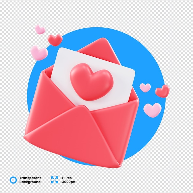 Icono en forma de corazón en una carta de amor en una representación 3D
