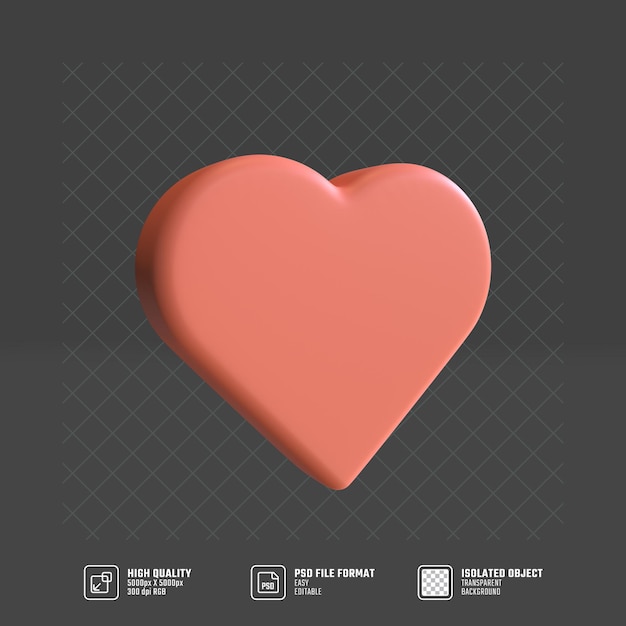 Icono de forma de corazón de procesamiento 3d con fondo gris. representación 3d en forma de corazón en el aire con ángulo lateral. ilustración del concepto de san valentín 3d