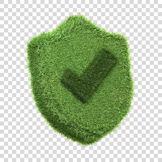 Un icono en forma de escudo con una marca de comprobación ambos diseñados con textura de hierba verde aislada en un blanco