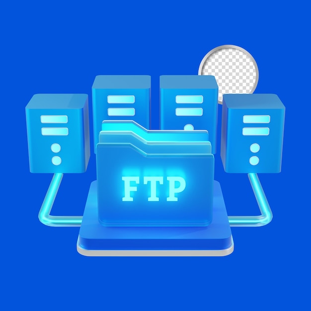 Icono FTP 3D y servidor de base de datos aislados del fondo azul