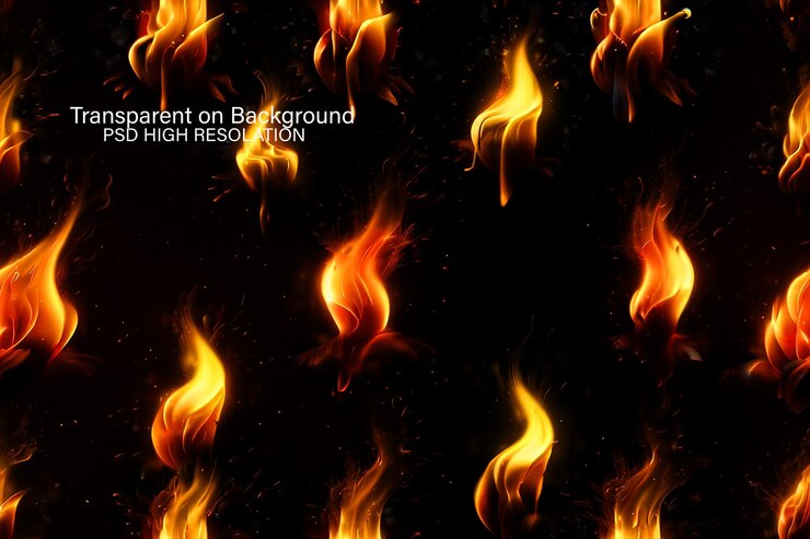 PSD el icono de fuego de llama de colores realistas establece lenguas rojas brillantes en la ilustración vectorial del viento en fondo negro