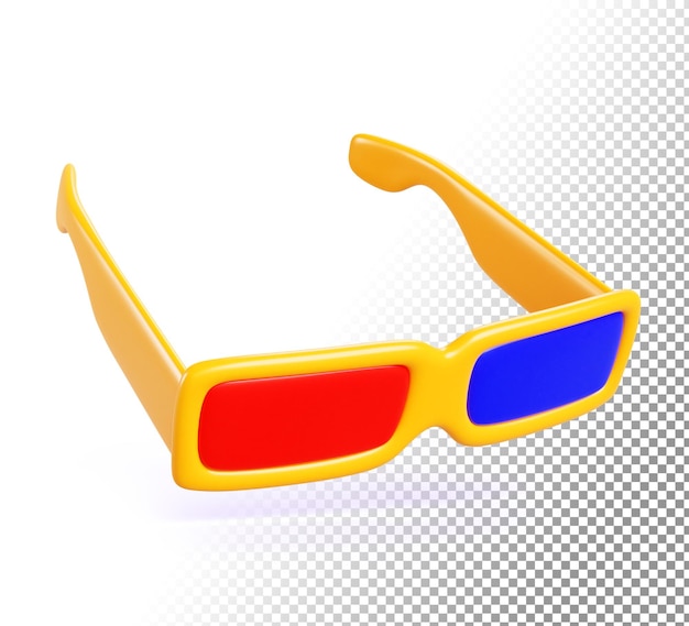 Icono de gafas 3D para el cine viendo películas estereoscópicas Gafas tridimensionales que muestran una maqueta con lentes rojas y azules en un marco de plástico dorado para el efecto de volumen aislado en el fondo