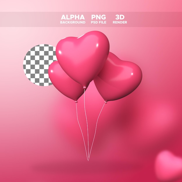 PSD icono de globos de corazón de renderizado 3d para ilustración de diseño de san valentín