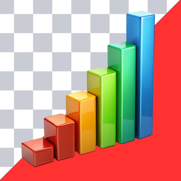 Icono de gráfico de barras 3D colorido con diseño de datos de barras altas y cortas
