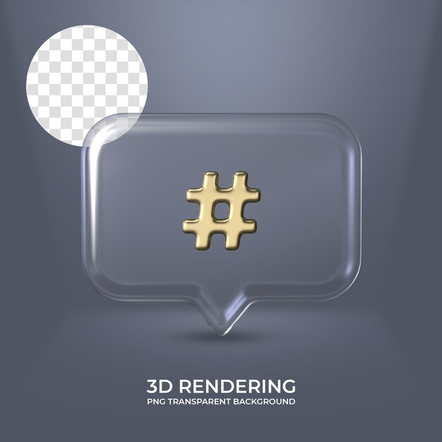 Icono de hashtag con renderizado 3d de marco de vidrio