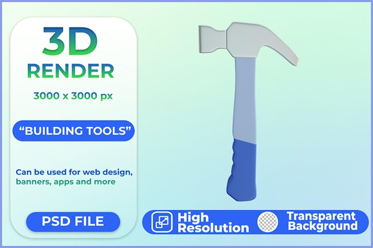 PSD icono de herramienta de construcción de martillo de render 3d