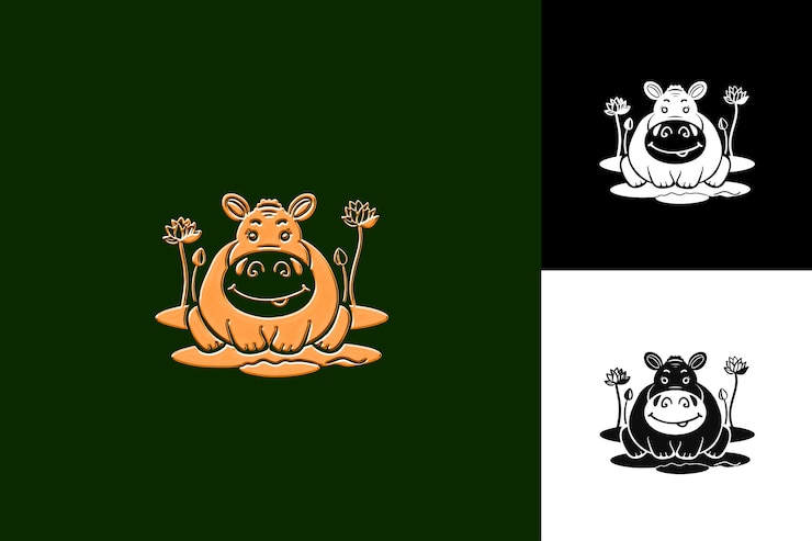 PSD icono de hipopótamo emblema acuoso con borde de lirio ilustración lúdica de hipopótamo diseño artístico vectorial de animales