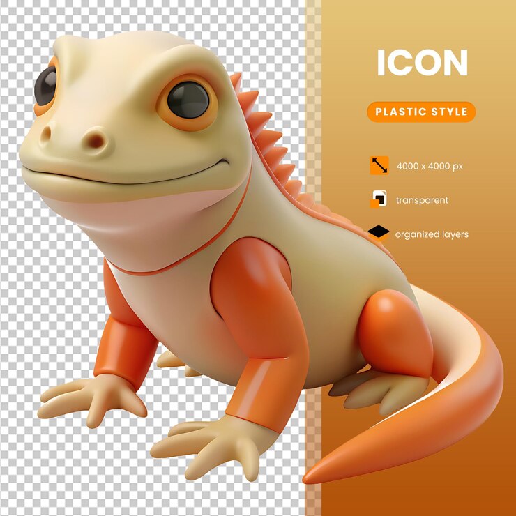 PSD icono de iguana de color naranja suave en estilo 3d de plástico