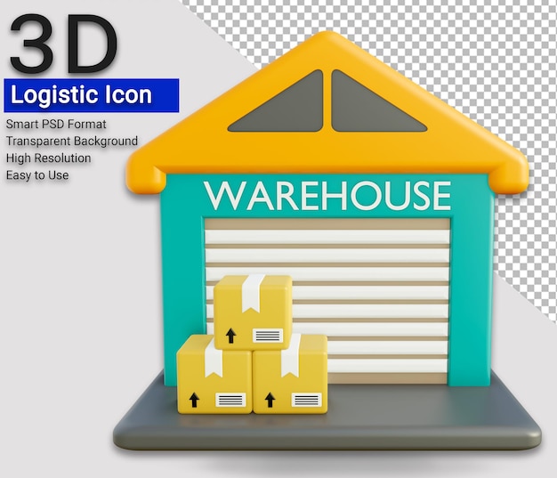 Icono de ilustración 3D de almacén logístico PSD fondo transparente