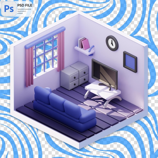 El icono de la ilustración 3D de la sala de estar está aislado en PNG