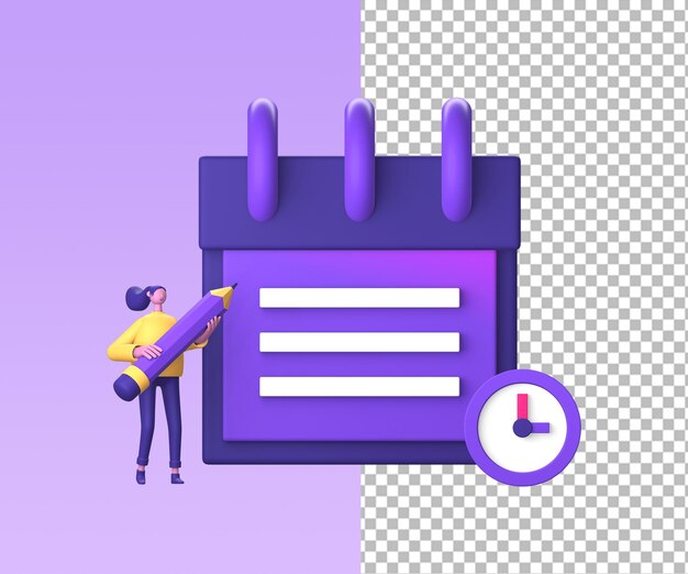 PSD icono de ilustración púrpura 3d de personaje con nota recordatoria y tiempo para el diseño de redes sociales ui ux