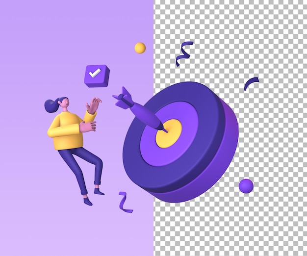 Icono de ilustración púrpura 3D de personaje con objetivo de diana y lista de verificación