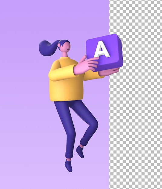 PSD icono de ilustración púrpura 3d del personaje que sostiene la letra del alfabeto para el diseño de anuncios de redes sociales ui ux