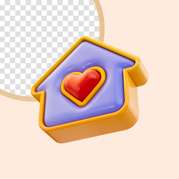 PSD icono de inicio del corazón 3d render concepto para casa encantadora familia feliz y símbolo de signo de aplicación de sitio web