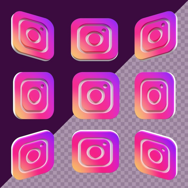 Icono de instagram 3d cuadrado moderno establecido en diferentes ángulos aislados