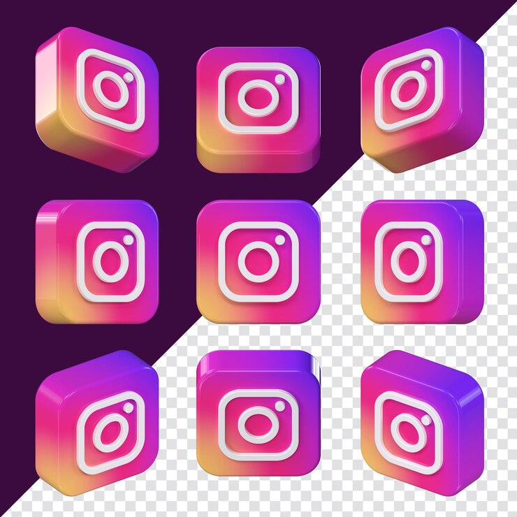 Icono de instagram cuadrado 3d establecido en nueve ángulos diferentes aislados