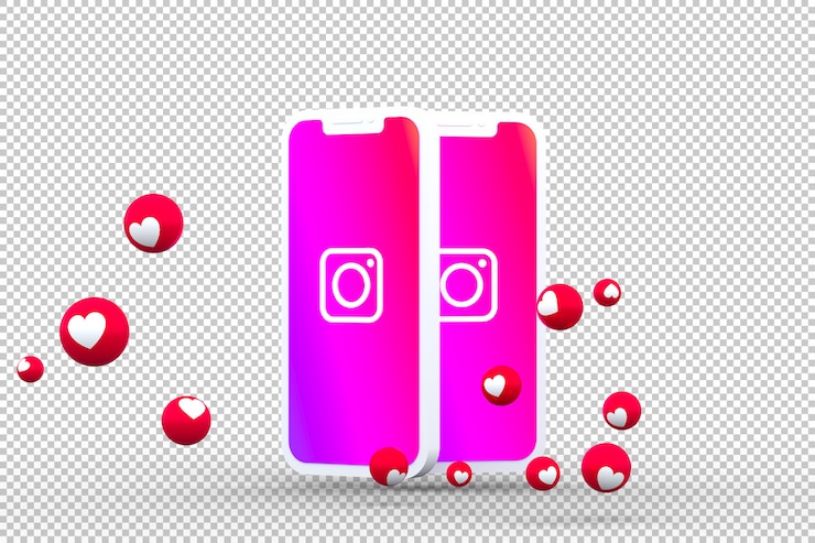 PSD icono de instagram en la pantalla del teléfono inteligente o móvil y las reacciones de instagram aman el renderizado 3d