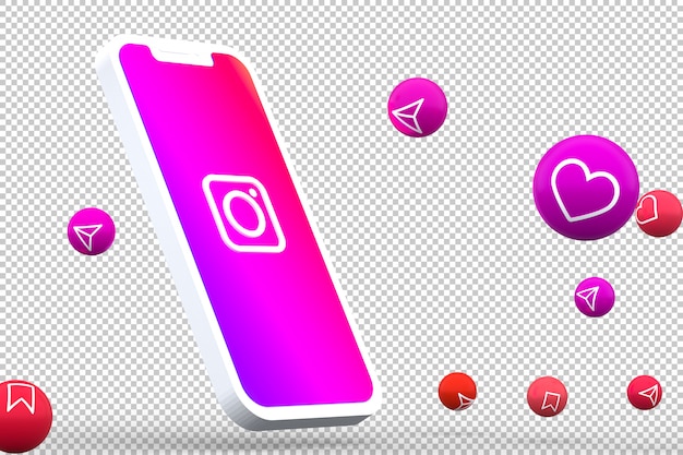 PSD icono de instagram en la pantalla del teléfono inteligente o móvil y las reacciones de instagram aman el renderizado 3d