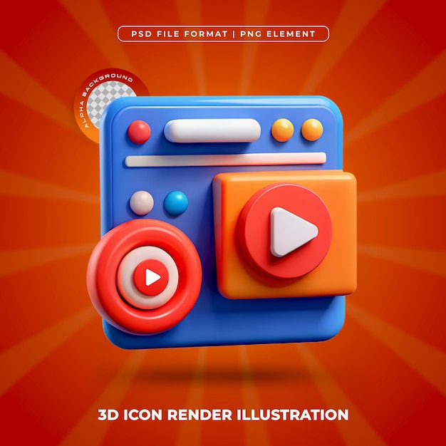 Icono de interfaz de usuario 3D con botón de reproducción en fondo naranja