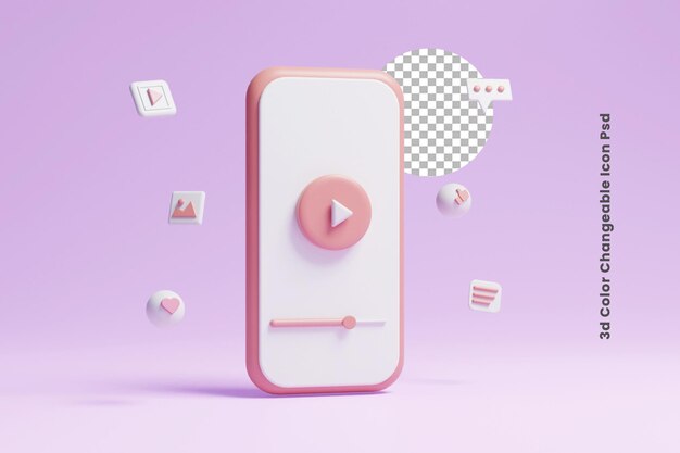 Ícono de interfaz de usuario de concepto de notificación de video de redes sociales 3d o ícono de alerta de notificación de inserción de video 3d