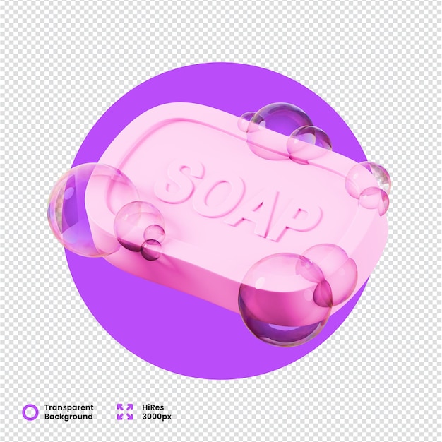 Icono de jabón 3D rosado vibrante con diseño de burbujas brillantes