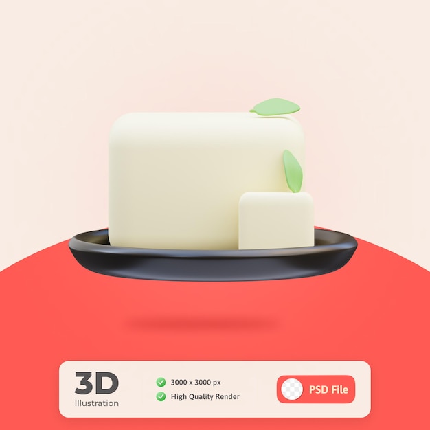 Icono japonés tofu con una placa ilustración 3d