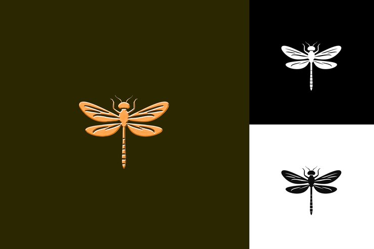 PSD icono de libélula emblema alado con borde de estanque ilustración de dragón elegante diseño artístico vectorial de animales