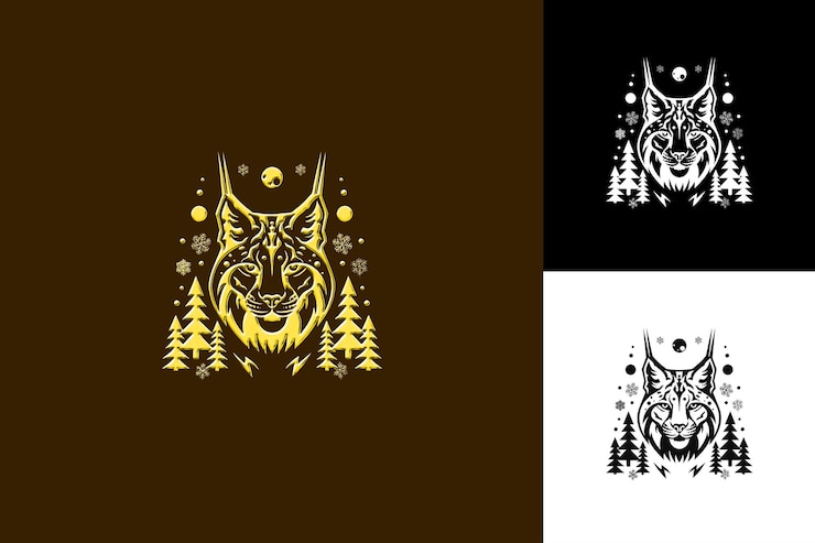 PSD ícono de lince orejas enroscadas con nieve como frontera elusivo lince ingenio ilustración diseño de arte vectorial de animales
