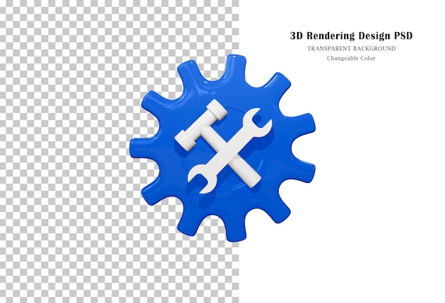 PSD icono de llave inglesa y martillo cruzado azul 3d. símbolo de reparación o representación 3d del icono de configuración.
