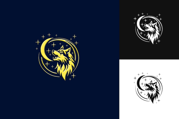 PSD icono del lobo emblema aullador con borde de piedra de luna ilustración del lobo místico diseño artístico vectorial de animales