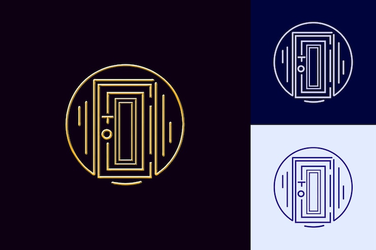 PSD icono de logotipo con un pequeño contorno de puerta y unas pocas líneas alrededor de diseños de iconos minimalistas abstractos