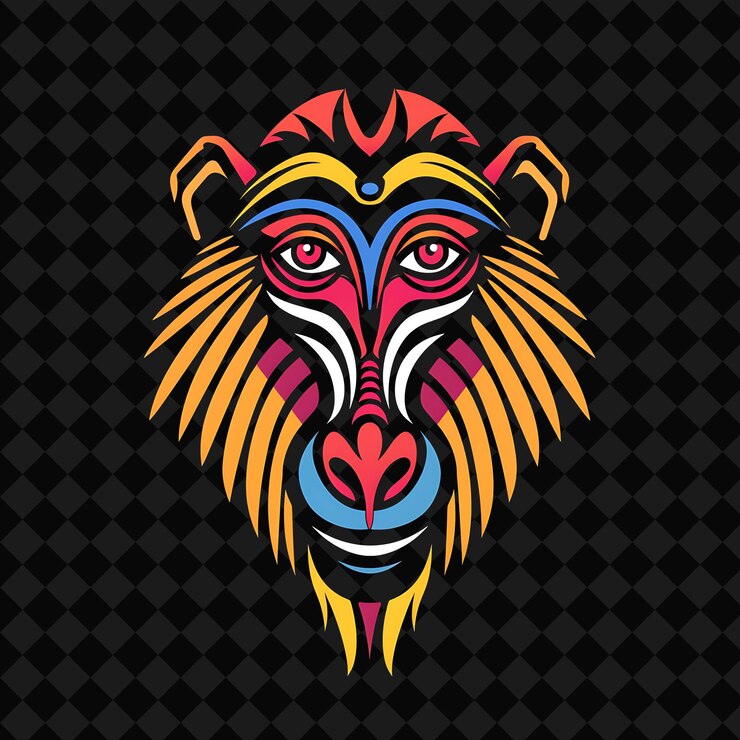 PSD ícono de mandril emblema muscular con frontera africana hombre poderoso ilustración diseño artístico vectorial de animales