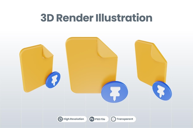 Icono de marca de pin de archivo de procesamiento 3d con papel de archivo naranja y marca de pin azul